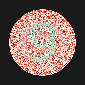 Ishihara test for color blindness. Color blind test. Green number 9 for colorblind people. Vector illustration.