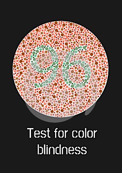 Ishihara test for color blindness. Color blind test. Green number 96 for colorblind people. Vector illustration.