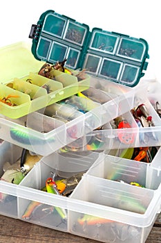 Ishing lures and baits in plastic box