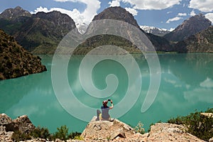 Iskander Kul blue mountain lake in the Fan mountains, Tajikistan