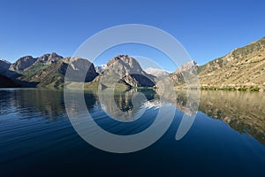 Iskander Kul blue mountain lake in the Fan mountains, Tajikistan