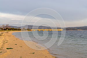 Isla de Arosa bridge and Bao Beach in Galicia at sunset