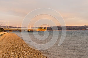Isla de Arosa bridge and Bao Beach in Galicia at sunset