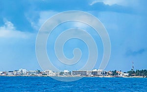 Isla Mujeres panorama view from speed boat in Cancun Mexico