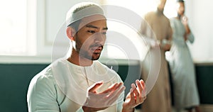 Islam, prayer and man in mosque with faith, mindfulness and gratitude with commitment to faith. Worship, religion and