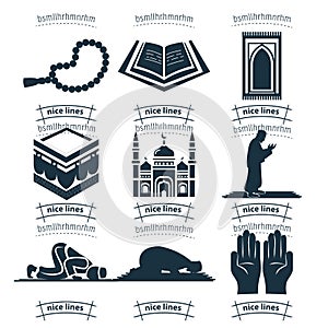 Islam icon set. Muslim prayer icon set with mosque, koran, hadj, kaaba, carpet