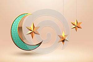 Islamic 3d crescent moon and stars