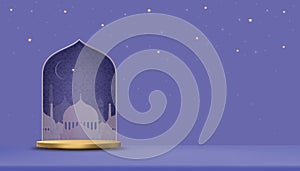 Islamic 3d Golden Podium with Mosque window,Crescent moon and Star on Purple background, Vector Backdrop banner of Religion of