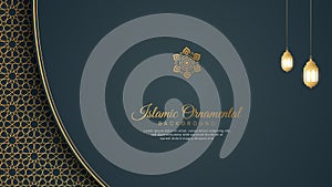 Islamic Arabic Blue Luxury Background with Geometric pattern and Beautiful Ornament with Lanterns