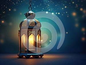 Islamic arabic lantern background for ramadan. Arabic lantern with burning candle and bokeh lights in background ramadan.