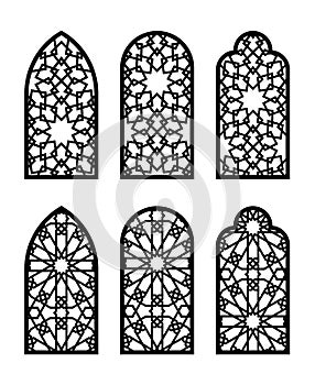 Islamic arch window or door set. Cnc pattern, laser cutting, vector template set for wall decor, hanging, stencil
