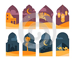 Islamic arches. Oriental decorative windows with arabic mosque building, boho frames with authentic arabian landscape