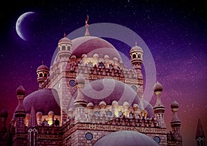 Islamic background with The Al Sahaba Mosque in Sharm El Sheikh against ramadan dusk sky and crescent moon. Fragment