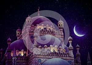 Islamic background with The Al Sahaba Mosque in Sharm El Sheikh against ramadan dusk sky and crescent moon. Fragment