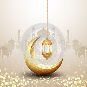Islamic background with a combination of hanging gold lanterns and golden crescent moon. Fancy backgrounds for posters, banners,