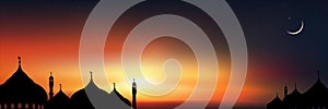 Islamic Background,Dome Mosques,Crescent Moon,Starry on Dark Blue Sky Background,Vetor symbol islamic religion with twilight sky,