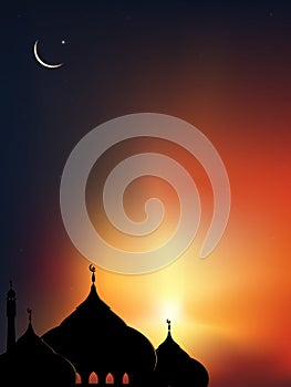 Islamic Background,Dome Mosques,Crescent Moon,Starry on Dark Blue Sky Background,Vetor symbol islamic religion with twilight sky,