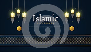 Islamic Background with Gold Arabic Lanterns and Abstract Elegant Pattern on Dark Background for Banner or Greeting Card