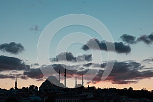Islamic background photo. Suleymaniye Mosque and clouds at sunset.