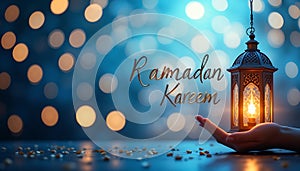 Ramadan Kareem blue bokeh soft golden light background with lantern and hand write Ramadan Kareem greetings. photo