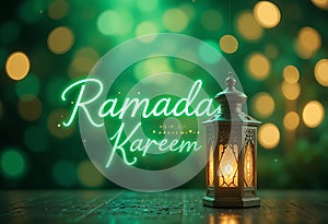 Ramadan Kareem green text design with green bokeh soft golden light background with lantern and Ramadan Kareem greetings write. photo