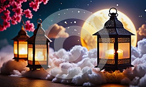 islamic background ramadhan, eid mubarak and eid al adha lantern in a light background