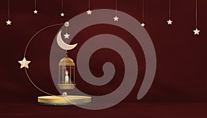 Islamic Background.Traditional islamic lantern,Crescent moon and Star hanging on red wall,Vector Banner Religion of Muslim