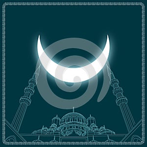 Islamic background vector. Drawing of a mosque with crescent moon