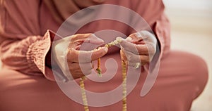 Islamic, beads or hands of person in prayer to God in faith, devotion or worship for Eid or ramadan. Counting closeup