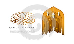 Islamic beautiful design template. Mosque with lanterns on white background in paper cut style. Ramadan kareem greeting card, bann