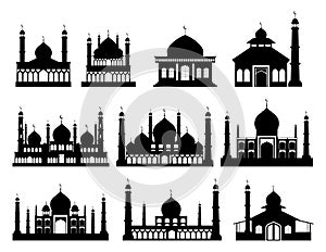 Islamic buildings silhouettes. Mosques and minarets with crescents.
