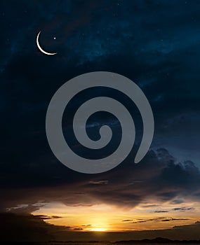 Islamic card with Crescent moon,Star on Sunset Sky,Horizon Nutural Ramadan Sky for religions symbolic of Muslim culture for