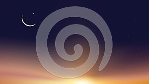 Islamic card,Ramadan Kareem Crescent Moon,Star on Sunset Sky,Vector religions symbolic of Islamic or Muslim for Generous Ramadan,