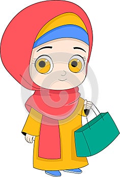 Islamic cartoon illustration, Muslim girl wearing a hijab happy shopping
