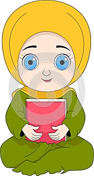 Islamic cartoon illustration, Muslim girl wearing a hijab sitting hugging the holy book