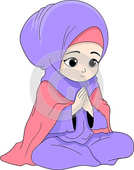 Islamic cartoon illustration, Muslim girl wearing a hijab sitting praying