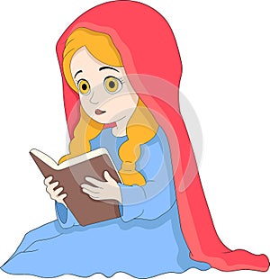 Islamic cartoon illustration, Muslim girl wearing a hijab sitting reading the holy book
