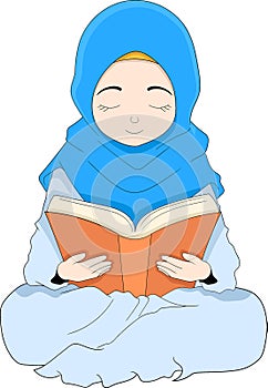 Islamic cartoon illustration, Muslim girl wearing a hijab sitting reading and understanding the holy book