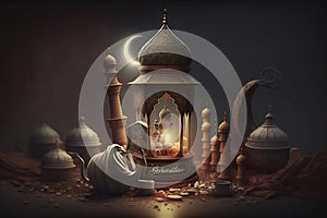 Islamic decoration background with lantern and crescent moon luxury style, ramadan kareem, mawlid, iftar, isra miraj, eid al fitr