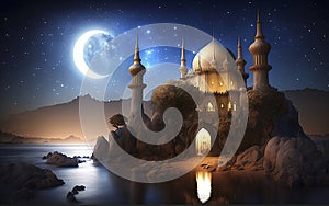 Islamic decoration background with lantern and crescent moon luxury style, ramadan kareem, mawlid, iftar, isra miraj, eid al fitr