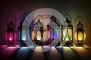 Islamic decoration background with lantern and crescent moon luxury style, ramadan kareem, mawlid, iftar, isra miraj, eid al fitr