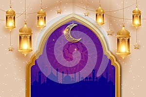 Islamic decoration background, luxury style, Ramadan Kareem, mawlid, iftar, isra miraj, eid al fitr adha, copy space text area.