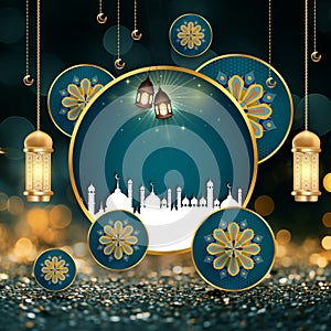 Islamic decoration background, luxury style, Ramadan Kareem, mawlid, iftar, isra miraj, eid al fitr adha, copy space text area.