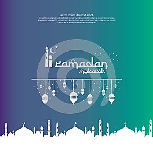 islamic design concept. Ramadan Kareem or Eid Mubarak greeting with mosque element and lantern ornament background for invitation