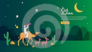 islamic design illustration concept for Happy eid al adha or sacrifice celebration event with people character for web landing photo