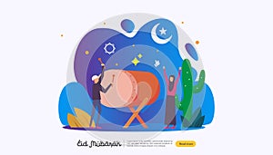 islamic design illustration concept for Happy eid mubarak or ramadan greeting with people character. template for web landing page