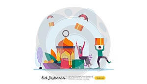 islamic design illustration concept for Happy eid mubarak or ramadan greeting with people character. template for web landing page