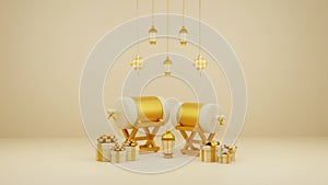 Islamic display decoration composition with gift box and lanterns