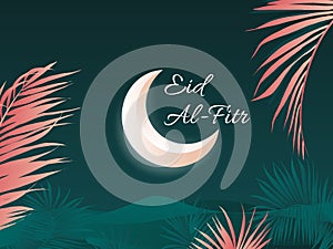 Islamic Eid al-Fitr festival greeting card, Night scene of moon, desert and palm leaves