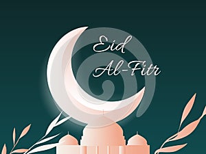 Islamic Eid al-Fitr festival greeting card, Night scene of moon, mosque and leaves